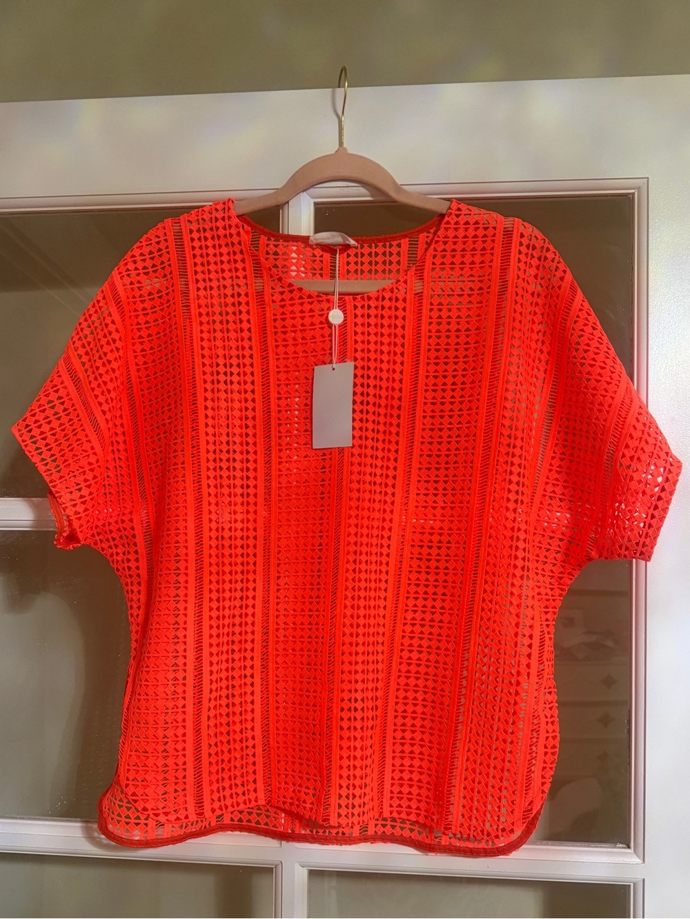 Mikoh Openwork Short-Sleeve Eyelet Top in Bright Orange-Red